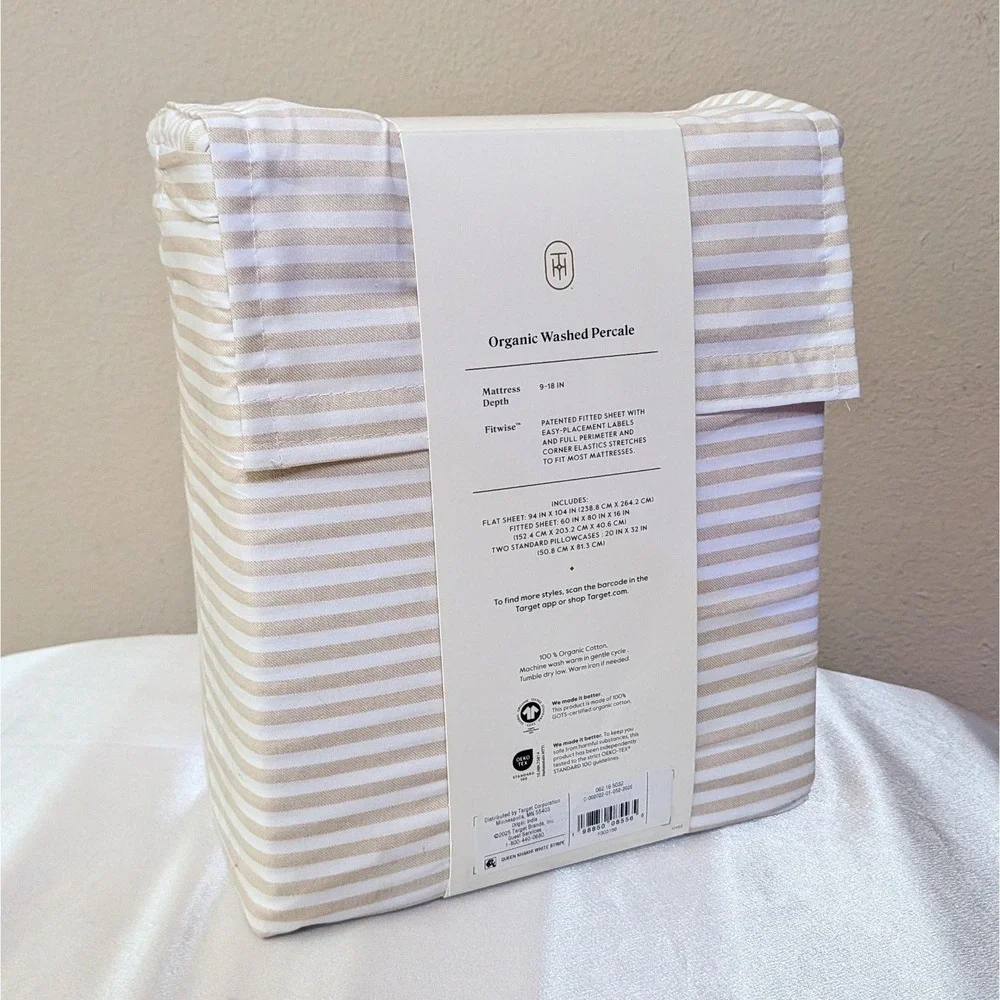 New Threshold Organic Cotton Washed Percale Sheets Set Khaki White Stripes Queen
